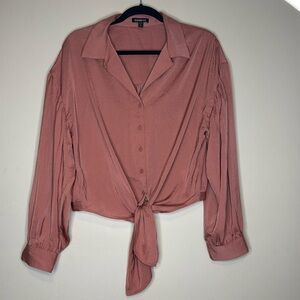Express tied cropped rose pink button up business casual shirt